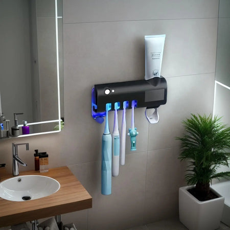 Wall mounted toothpaste dispenser with 4 toothbrush slots, toothbrush cleaning rack, bathroom accessories, no drilling required