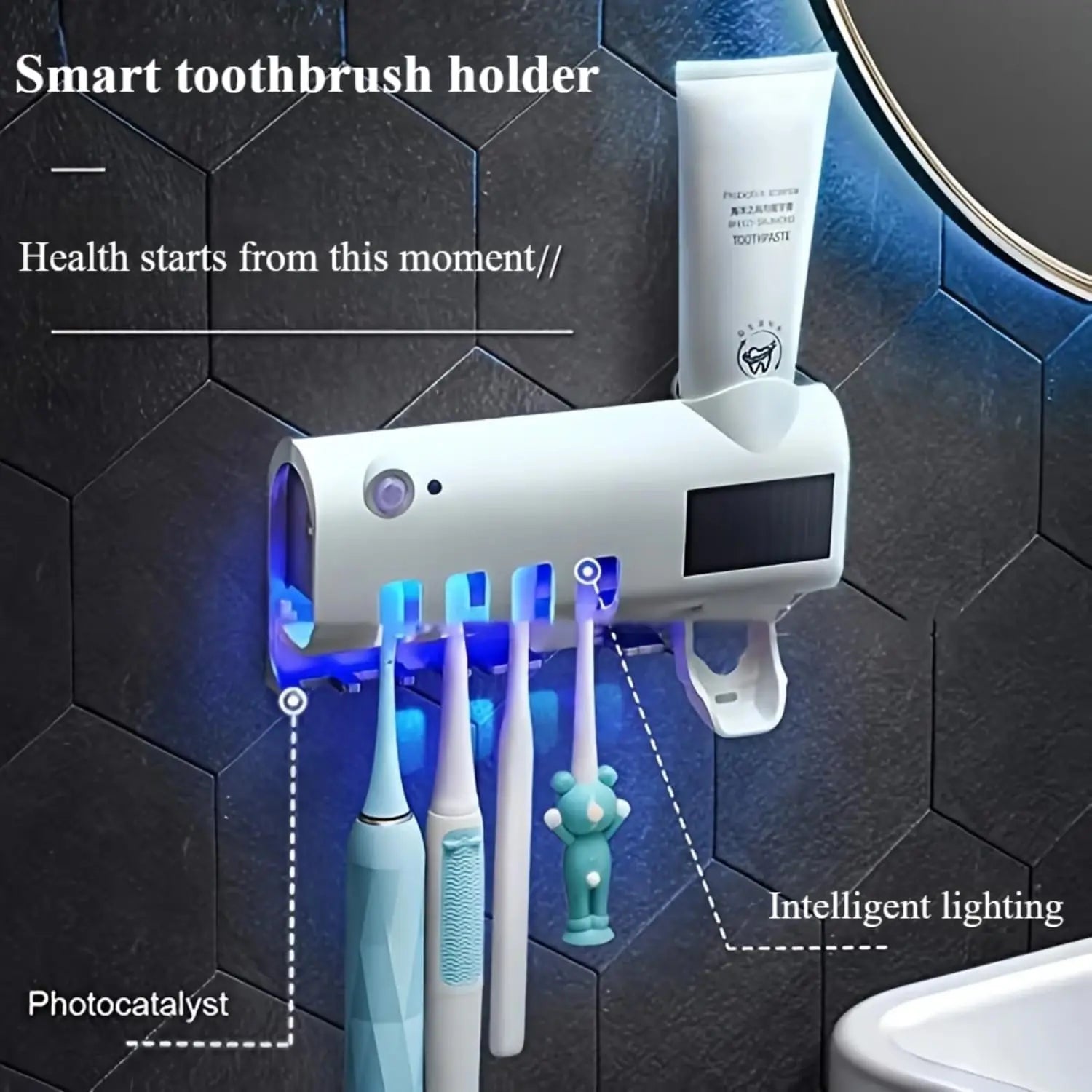 Wall mounted toothpaste dispenser with 4 toothbrush slots, toothbrush cleaning rack, bathroom accessories, no drilling required