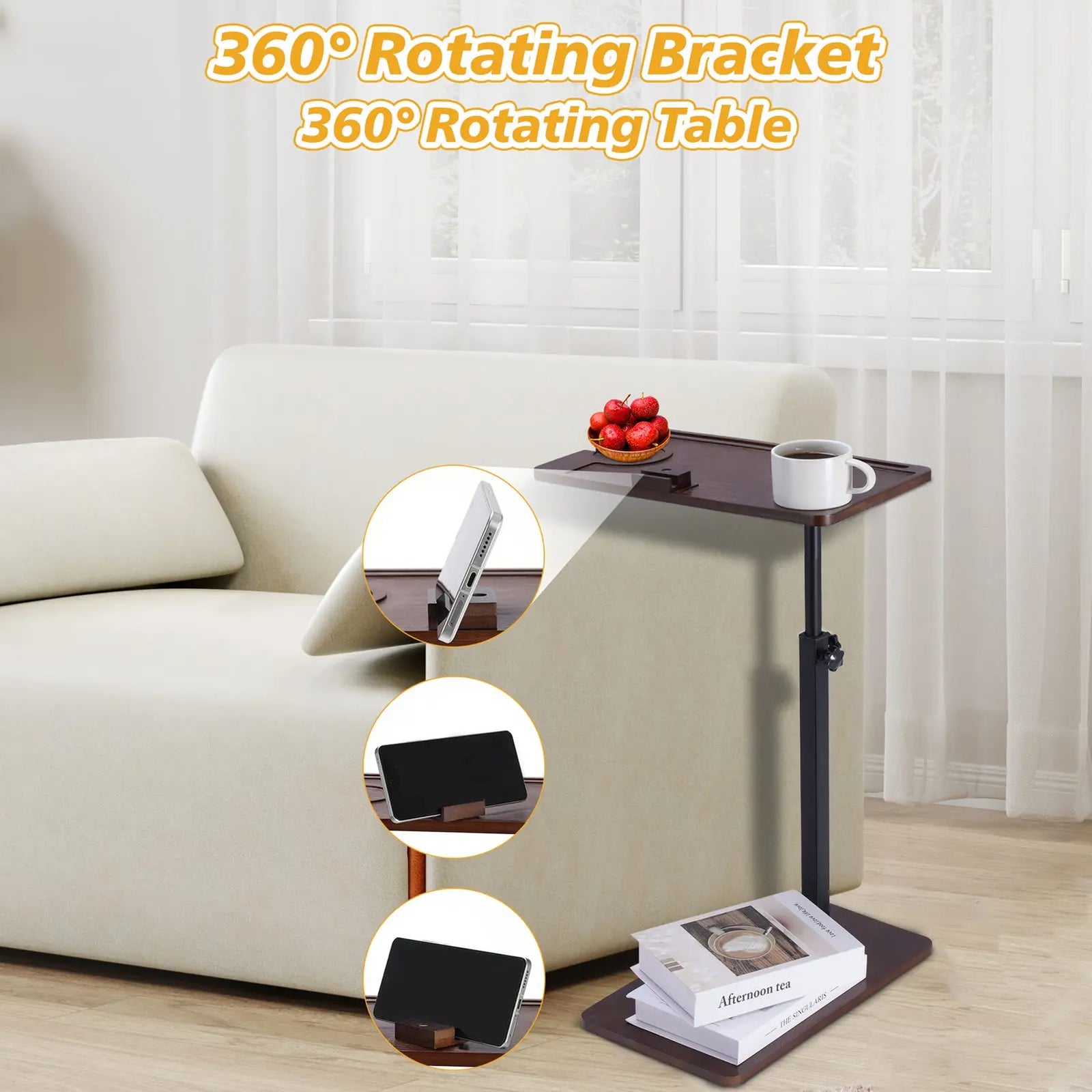 Sofa Side Table Height Adjustable 360 Degree Rotating Bracket Multifunctional Bathtub Tray Table for Home Living Room Bedside