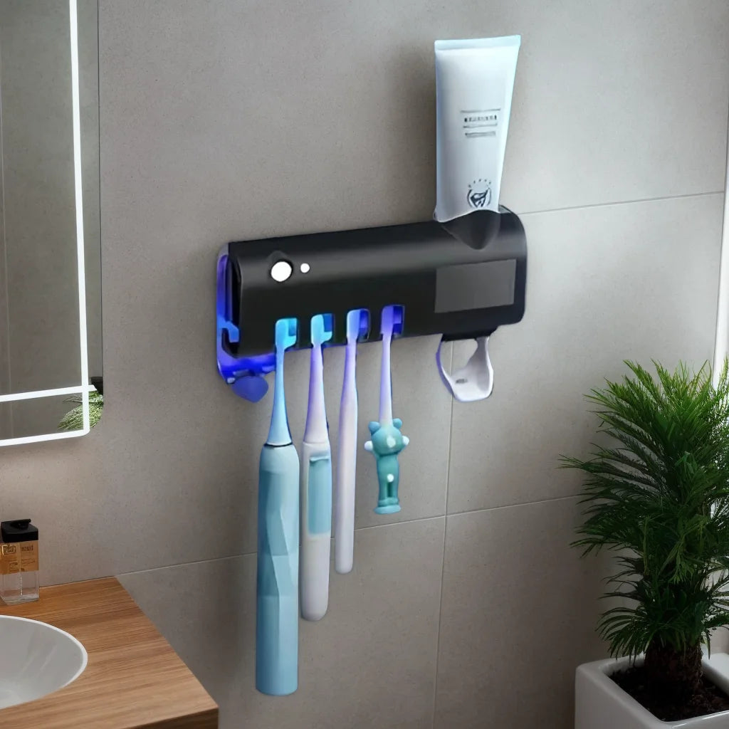 Wall mounted toothpaste dispenser with 4 toothbrush slots, toothbrush cleaning rack, bathroom accessories, no drilling required